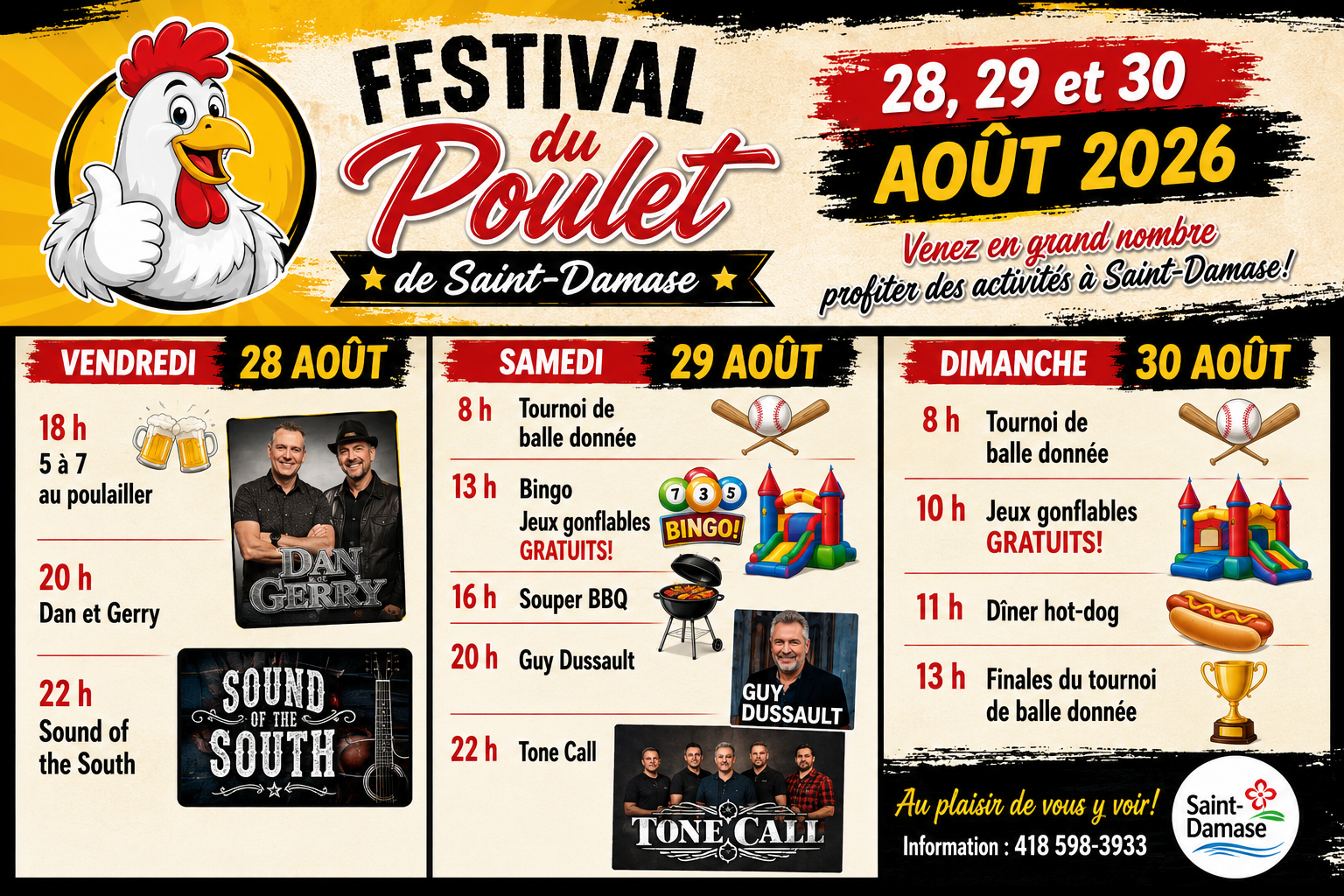 Le Festival du Poulet de Saint-Damase revient du 28 au 30 août 2026
